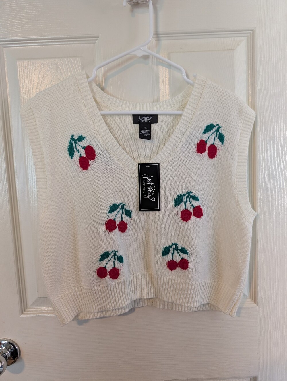 NWT Just Polly Creamy White Cherry Knit V-Neck Sweater Vest